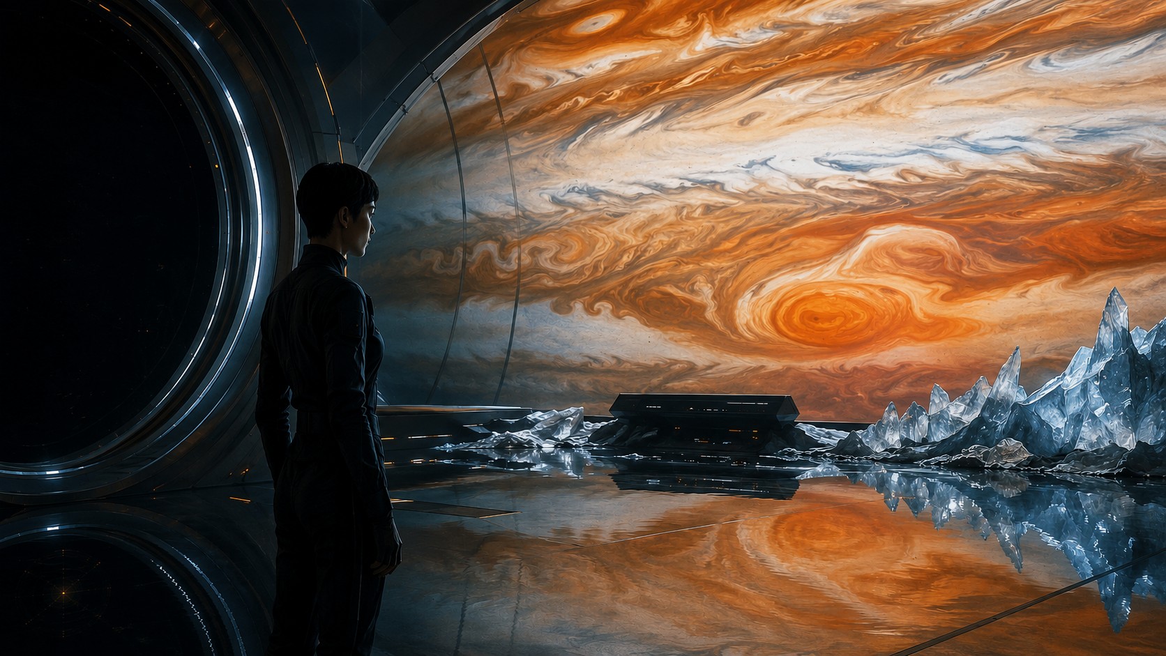 A figure gazes at Jupiter through a spaceship window
